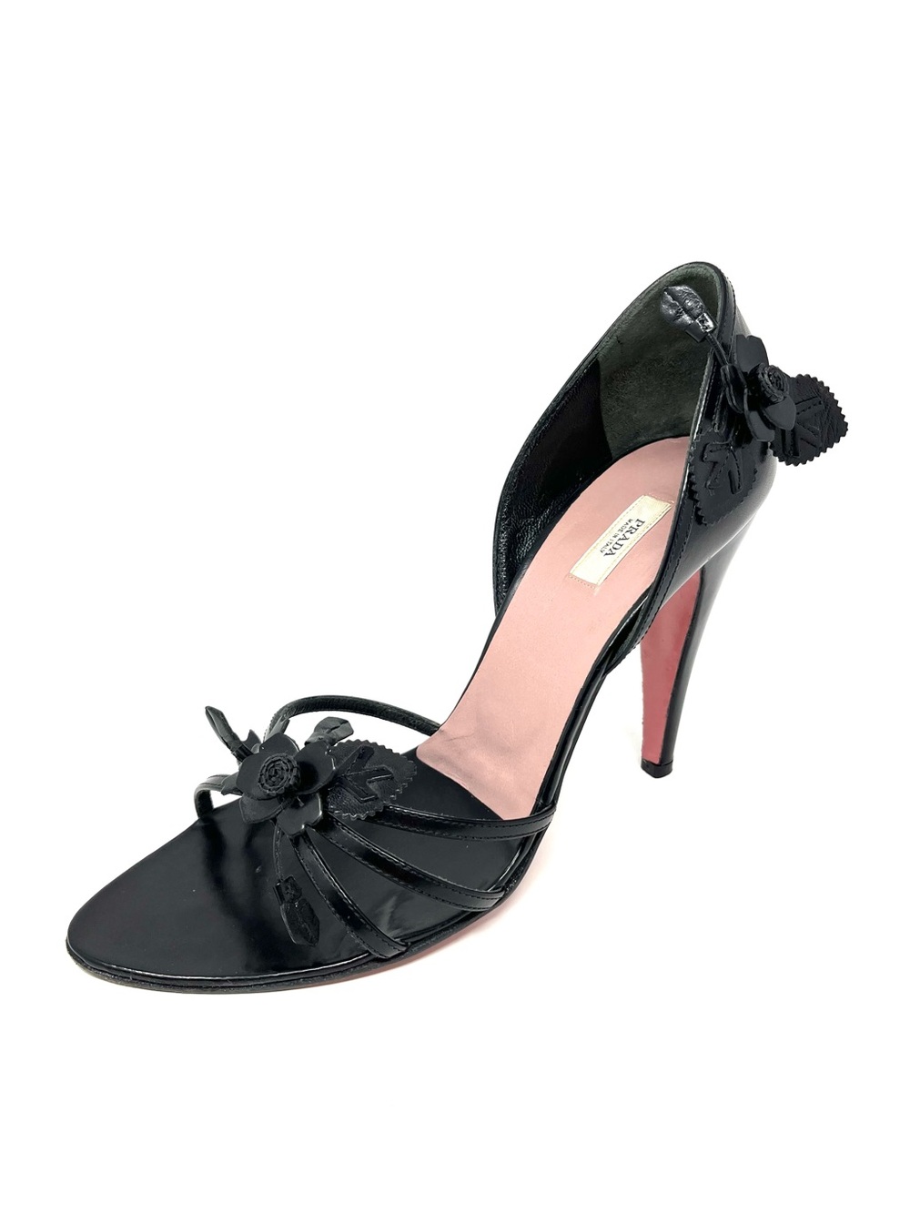 Vintage Prada 90s Y2K Black Pink Leather Flower Bouquet High Heels Sandals 37.5